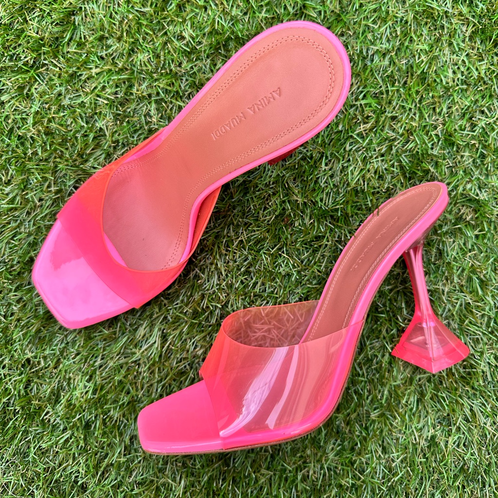 Amina Muaddi Lupita Glass Bubblegum Pink Pvc Mule Mules Plastic Heels 39 Nib